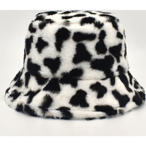 Fashion Winter Faux Fur Bucket Hats for Women Girl Cow Print Plush velvet Warm Panama Black White Fisherman bucket Hats Bob