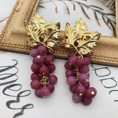 Grape Pendant Purple Stone Earrings Stud Copper Material Leaves Golden Statement Pendientes
