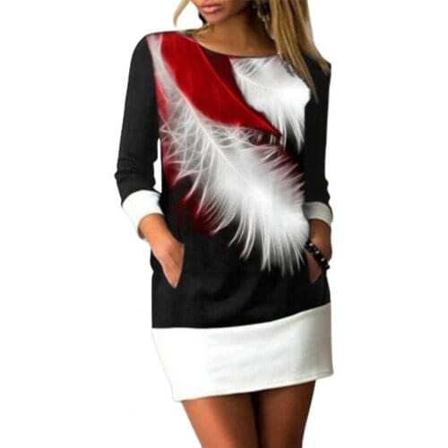 Plus Size Women Dress Casual O Neck Long Sleeve Color Block Elegant Feather Print Pockets Loose Party Mini Dresses