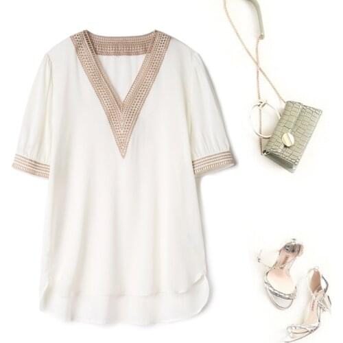 100% Silk Shirt For Women Fashion Summer V-neck Short Sleeve Machine Embroidery Pure Color Silk Satin Shirt Top Female