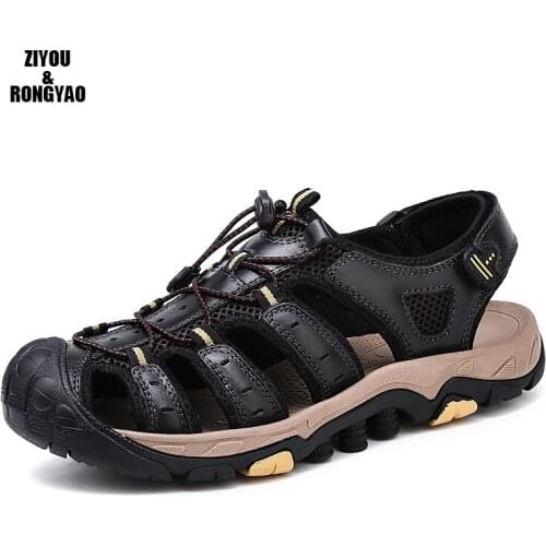 Men Sandals Genuine Leather Hiking Outdoor Flat Sandals Summer Breathable Sport Walking Trekking Comfort Beach Shoes Big Size 46