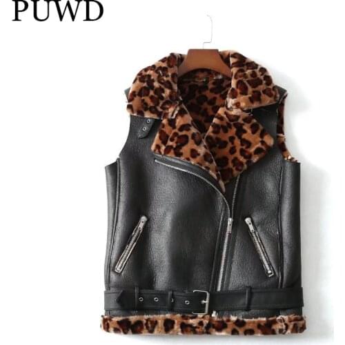 PUWD Warm Women Leopard Print Pattern Faux Fur Vest Jacket 2021 Winter Streetwear Comfortable Trend Slim Female Thick Outwear