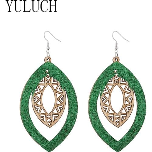 YULUCH Women Water Drop Sequin Pendant Earrings Hollow Wood Glitter Art Jewelry Simple Girl wooden Accessories