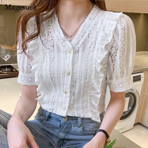Summer V-neck Hollow Lace Crochet Blouse Women 2021 Solid Ruffled Woman Shirt Puff Short Sleeve Top Female Clothes Blusas 13990