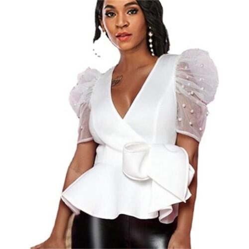 Petal Sleeve V Collar Sheer Mesh Floral Lace Patchwork Shirt Femme Blusas All-match Women Blouse Chic Button White Top Female