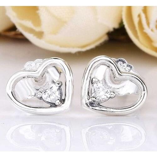 Original Asymmetric Hearts of Love Stud Earrings For Women 925 Sterling Silver Earring Wedding Gift DIY Pandora Jewelry