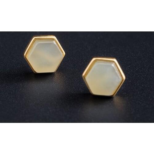 VLA 925 Sterling Silver Simple Nephrite Geometric Earrings Womens Fashion Creative Jewelry Hexagonal Earrings