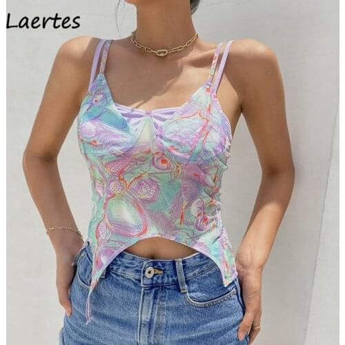 Laertes Sexy Elegant Crop Top Floral Print Camisole Top Women Summer Fashion Casual Backless Basic Female Y2K Aesthetic Clothes
