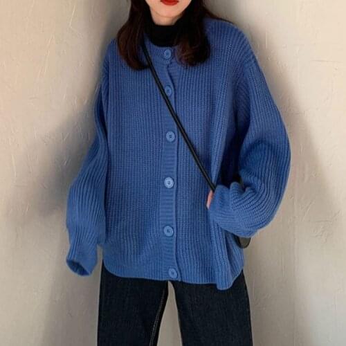 Womens Solid Color Single Breasted Cardigans Autumn Winter Harajuku Loose Knitted Jacket Top Ladies Sweater Outwear