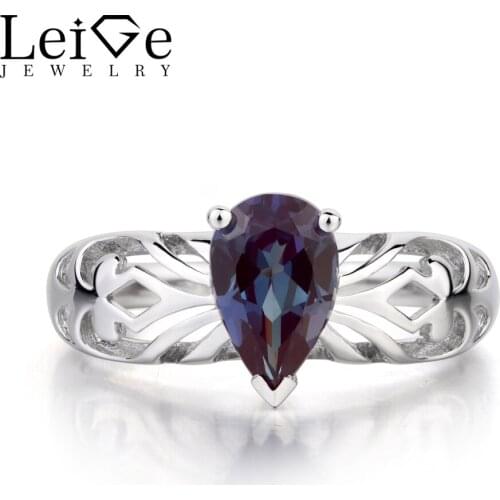 Leige Jewelry Solitaire Ring Lab Alexandrite Ring Pear Cut Wedding Rings 925 Sterling Silver Gemstone June Birthstone for Women