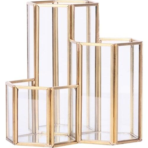 1PC Hexagonal Copper Makeup Box Pen Holder for Office School Home Erasers Stationery Makeups Pencils