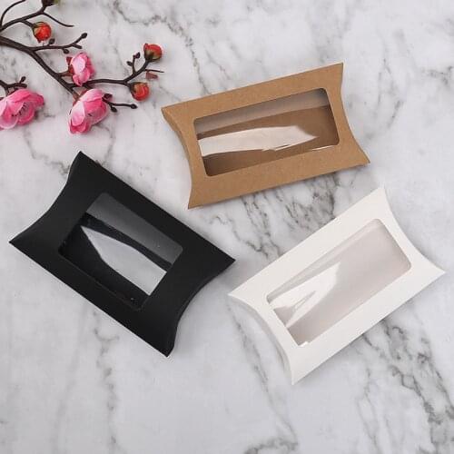 10Pcs Kraft Paper Pillow Gift Box With Transparent Window Candy Cookie Flower Packing Boxes Wedding Party Baby Shower Decoration