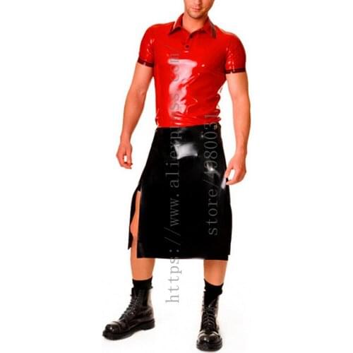 100% handmade shiny red latex t-shirt short sleeve slim latex tops decoratived with black trims