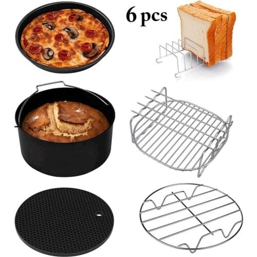 6pcs/Set 7 Inches Air Fryer Accessories Stainless Steel Pizza Tray Grill Toast Rack Steam Rack Insulation Pad Home Kitchen Parts