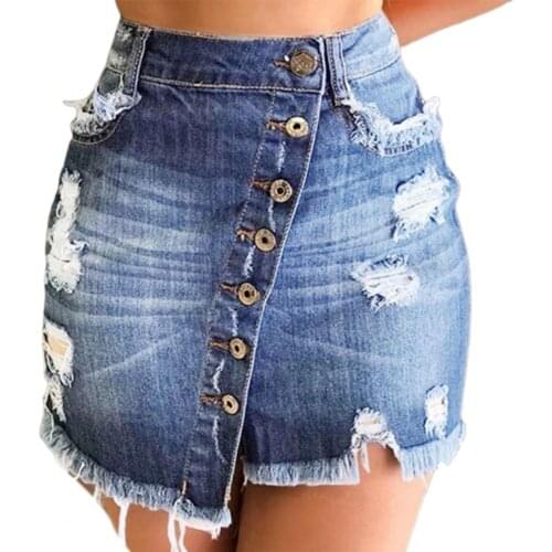 65% Dropshipping!!Women High Waist Skirt Ripped Holes Denim Multi Breasted Irregular Tassel Denim Skirt Streetwear