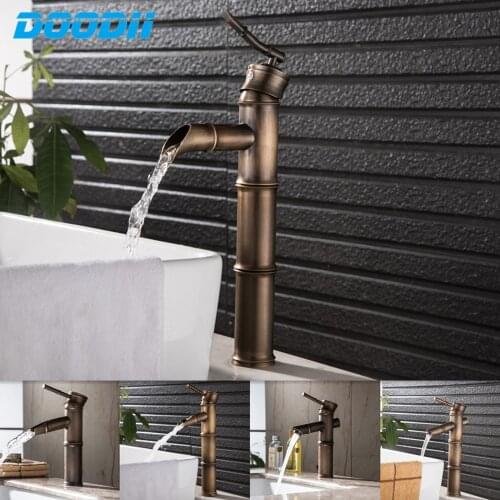 Antique Brass Waterfall Bathroom Sink Faucet Bamboo Water Tap Mixer Hot and Cold Single Hole Basin Faucet Vintage DOODII