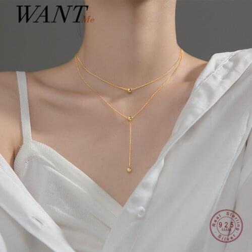 WANTME Real 925 Sterling Silver Minimalist Double Chic Beads Chain Charming Necklace for Women Fashion 18k Gold Wedding Jewelry