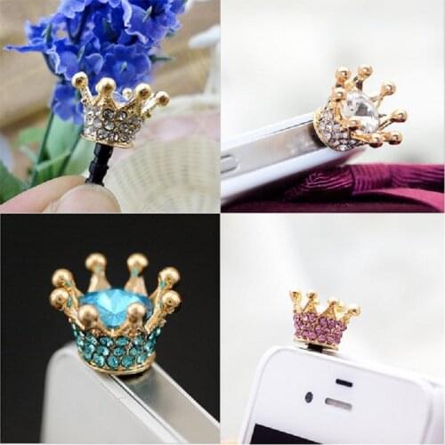 HOT SALE 3.5mm Crystal Rhinestones Cellphone Charms Earphone Audio Headphone Anti Jack Crown Dust Plug Phone