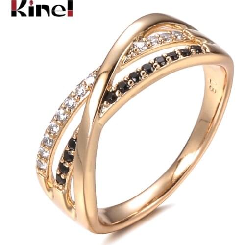 Kinel Natural Black Zircon Cross Ring 585 Rose Gold Geometric Hollow Line Wedding Rings for Women Vintage Fashion Jewelry