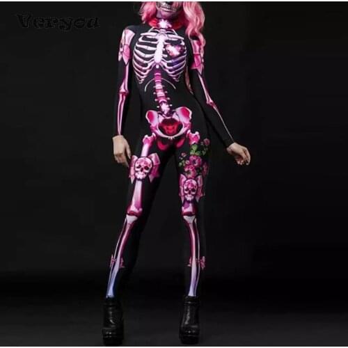Halloween Costume For Kids Women Adult Cosplay Costumes Women Scary Devil Of Dead Skeleton Print Jumpsuit Pink Carnival Party