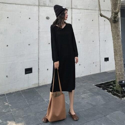 Women Maxi Dress Long Sleeve Knitted Long Dresses Vestido De Mujer V-neck Loose Dress