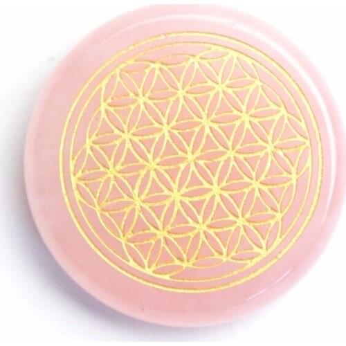 Natural Tumbled Chakra Rose Quartz Engraved Crystal Flower of Life Reiki Healing Round Palm Stone with a Free Pouch