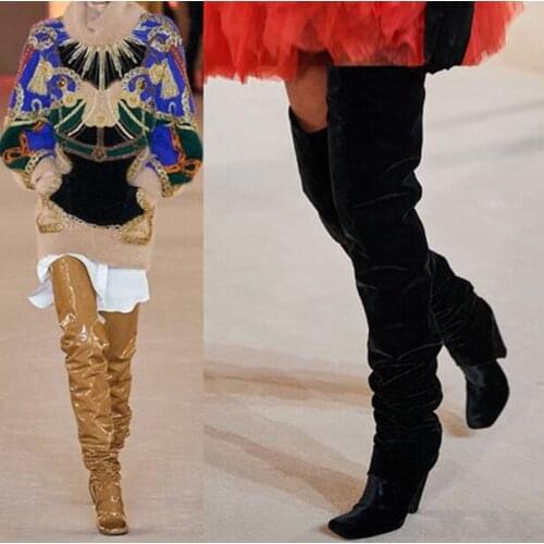Winter New Woman Super Thigh High Pleated Long Boots Patent Leather 10 cm Spike Heels Square Toe Over The Knee Knight Boots
