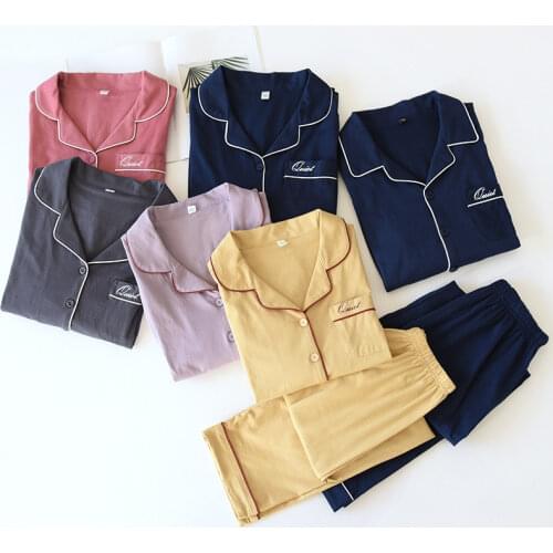 New Style Knitted Cotton Couple Sleep Wear Ladies Long-sleeved Trouser Suit Men and Women Pure Color Pyjama Femme Pizamy Damskie