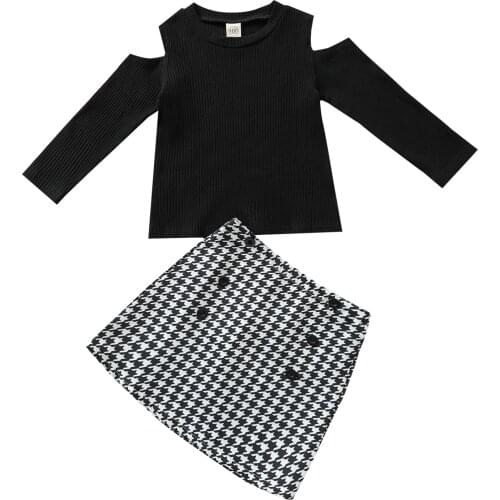2 Pcs Infant Casual Outfits, Baby Cold-shoulder Solid Color Long Sleeve Round Neck Pullover + Houndstooth Print Skirt