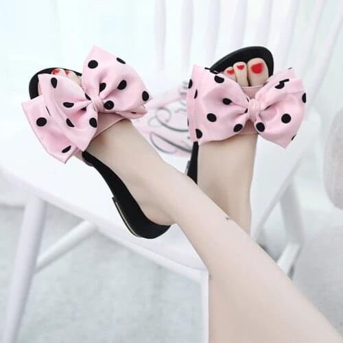 New Summer Beach Slippers Womens Slides Female Polka Dot Bow Knot Slippers Square Low Heels Shoes Flip Flops Casual Shoes Woman