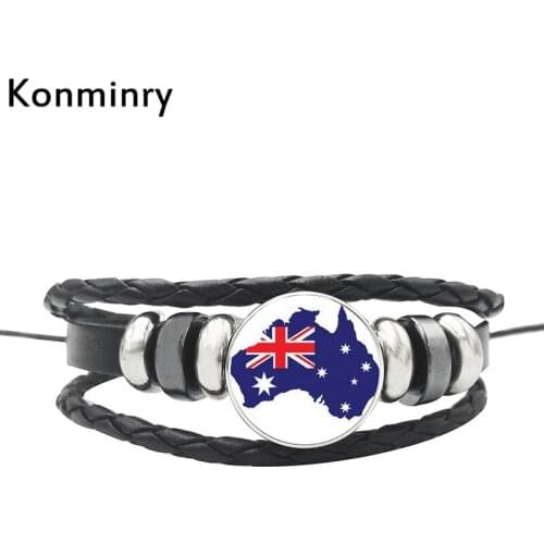 Konminry Nation Logo Glass Bracelet Handmade Round Buttons Australia New Zealand Tonga Tuvalu Peru Leather Rope Bangle Gifts
