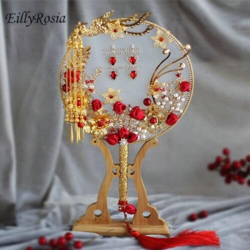 EillyRosia Wedding Bridal Fan Bouquet Red Gold Fan Jewelry Pearls Decoration Tassel Traditional Chinese Bridesmaid Bouquet