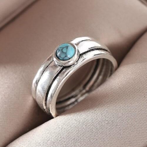 Vintage Silver Plated Turquoises Rings for Women Simple Boho Tibetan Ethnic Blue Stone Resin Finger Ring Party Jewelry Wholesale