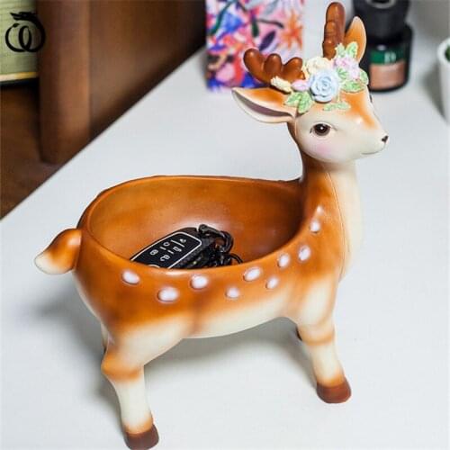 WU CHEN LONG Creative Resin Little Deer Art Sculpture Cute Animal Statue Snacks Jewelry Key Storage Box Home Decoration R5882