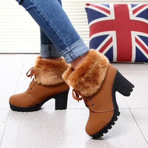 High-heeled Strap Womens Boots New Thick-heeled Martin Boots Plus Velvet Warm Snowshoe Girl