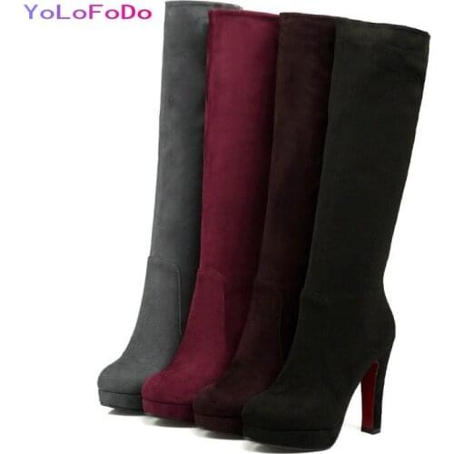 2021 Autumn Winter Women Knee High Boots Platform Square High Heel Ladies Calf Boots Faux Suede Round Toe Womans Shoes