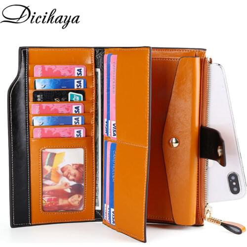 Dicihaya Retro Genuine Leather Women Wallet Female Cell Phone Pocket Long Women Purses Hasp Zipper Lady Coin Purse Card Holder