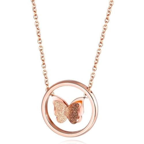 Rose Gold Color Cute Butterfly Round Pendant Necklace For Women Stainless Steel Link Chain Jewelry Gift Dropshipping