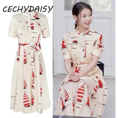 Women Blouse Dress 2021 Autumn Spring New Fashion Turn-Down Collar High Waist Floral Printed Chic Party Midi Dresses Designer Za