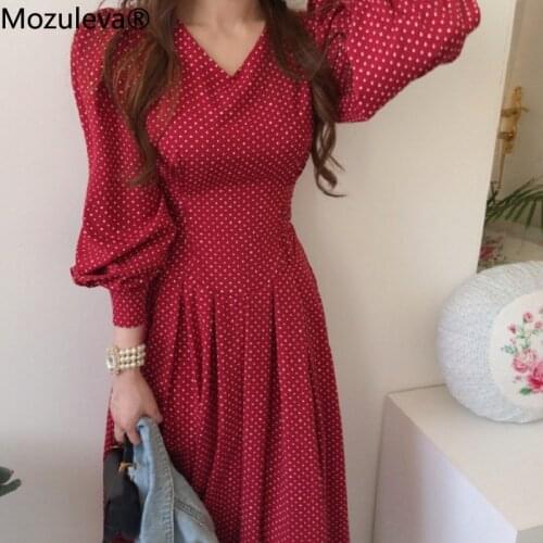 Mozuleva Spring Fashion French Vintage Maxi 2021 Ladies Lantern Sleeve Dot Chiffon Dresses Femme Autumn Robe