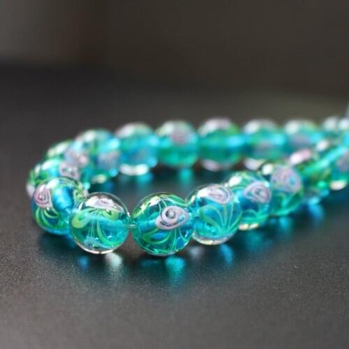 10Pcs 12mm Lampwork Glass flower beads with Green leaf Ocean blue color For DIY