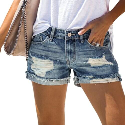 2021 Female Hole Denim Shorts, Adults High Waist Ripped Jeans Close-Fitting Pants for Summer, Blue, M/L/XL/XXL/XXXL