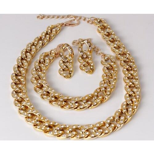 3 pieceSet WomensPunk CubanChain Necklace CCB GoldInlaid Rhinestone Singer Pendant Hip Hop JewelryWholesale