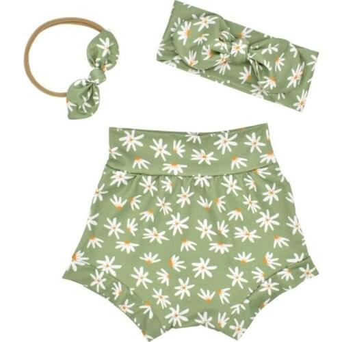 3 Pcs Baby Summer Print Shorts Headband Set Short Trouser Knotted Bowknot Hair Band Newborn Infants