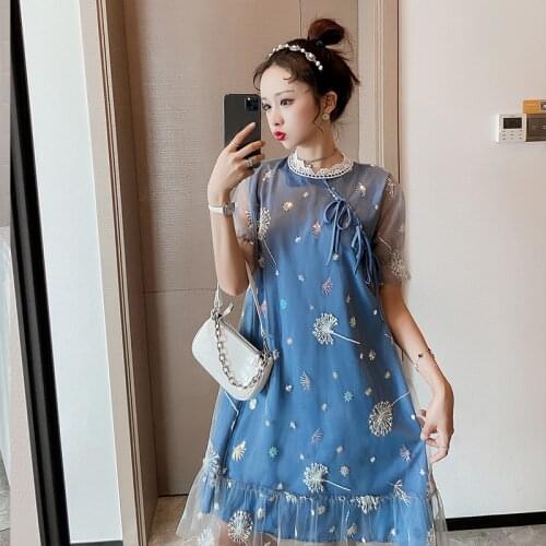 5863# Maternity Clothes Summer Short Sleeve Gauze Patchwork Loose Stylish Dress for Pregnant Women Mom Dress