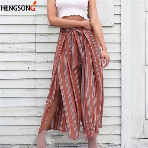 Summer Beach High Waist Trousers High Split Stripe Wide Leg Pants Women Streetwear Sash Casual Pants Loose Female Beach Cover Up