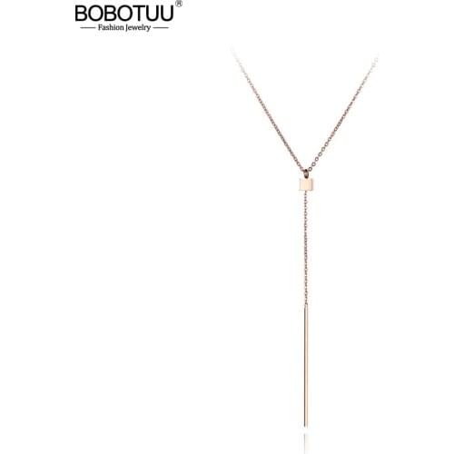 BOBOTUU Bohemia Stainless Steel Squares Strips Pendant Necklaces Jewelry Rose Gold Chain Choker Necklace For Women Girl BN19007