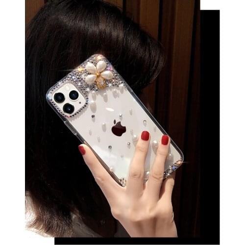 Fashion DIY Bling Pearl Diamond Flower Clear Back Phone Case Cover For Samsung Galaxy A10/20/30/40/50/70/80/90 S A21/31/41/51/71
