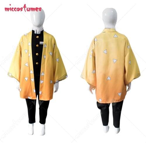 Kids Demon Slayer Kimetsu no Yaiba Agatsuma Zenitsu Haori Fullset Cosplay Costume