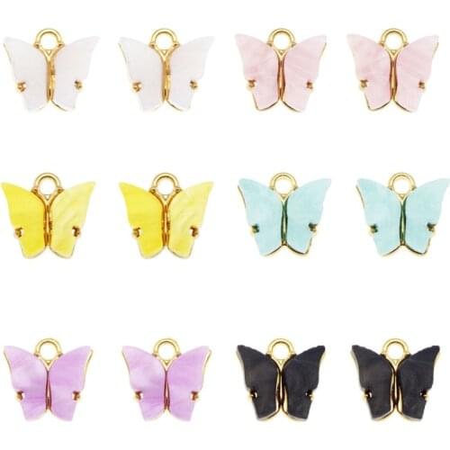 Julie Wang 6PCS Tiny Butterfly Charms Acrylic Wings Zinc Alloy Gold Tone Solid Color Pendant Bracelet Jewelry Making Accessory